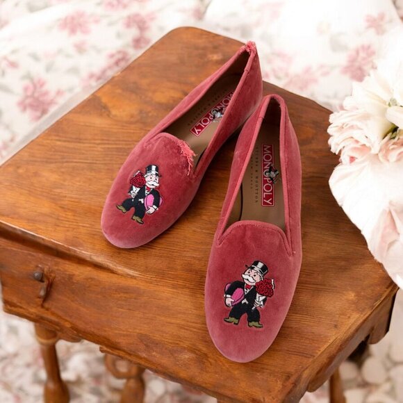 STUBBS & WOOTON Monopoly Collab Pink Valentine Velvet Smoking Loafers Flats Size - Picture 1 of 11